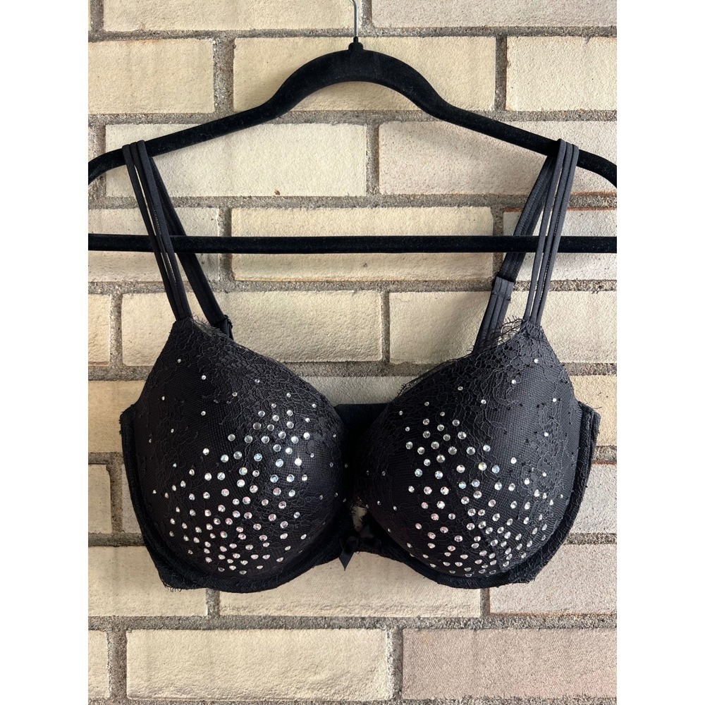 Victoria's Secret Very Sexy Black Lace Rhinestone Push-Up Bra Size 34DDD